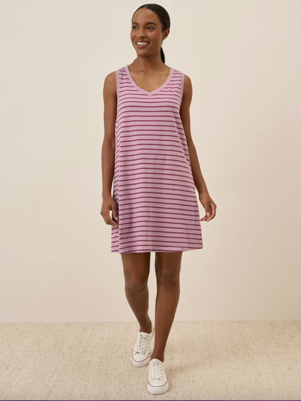 Pact Pink Stripe Softspun Organic Cotton A-Line V-Neck Tank Dress